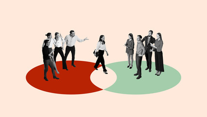 Collage-style confrontation and transition between two business teams. Concept of internal...