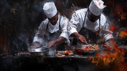 Culinary Team in Action: Two culinary professionals collaborate with precision amidst the controlled chaos of a bustling kitchen.