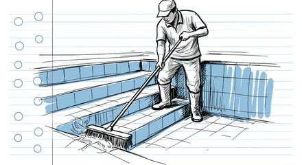 Seasonal cleaning of pools depicted in sketch with worker scrubbing tiled steps with brush. Seasonal cleaning of pools includes regular maintenance, preventing algae growth and keeping water clear.