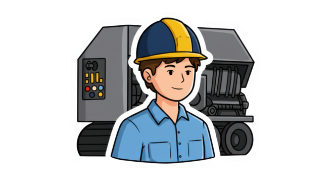 Cartoon Industrial Worker with Machine Sticker