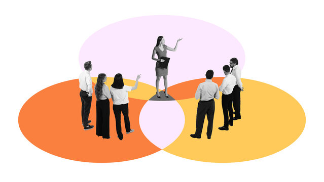 Composition of businesswoman presenting to two merging teams in overlapping diagram. Concept of corporate integration, team alignment, consulting, leadership training, synergy.