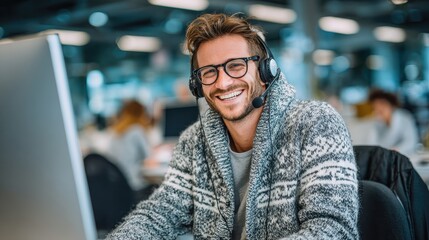 Smiling man with headset wearing glasses in an open office setting. Use it to illustrate customer service, tech support, or communication.