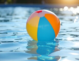 Top-down ujęcie z drona na samotną, kolorową piłkę dryfującą na rozległej wodzie. Woda turkusowa, piłka tworzy kontrast kolorystyczny. Idealny kadr do minimalistycznych grafik.