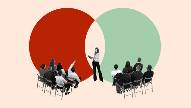 Artwork of woman speaker addressing two teams in educational setting with confident tone. Concept of corporate training, leadership education, seminars, public speaking, team building.
