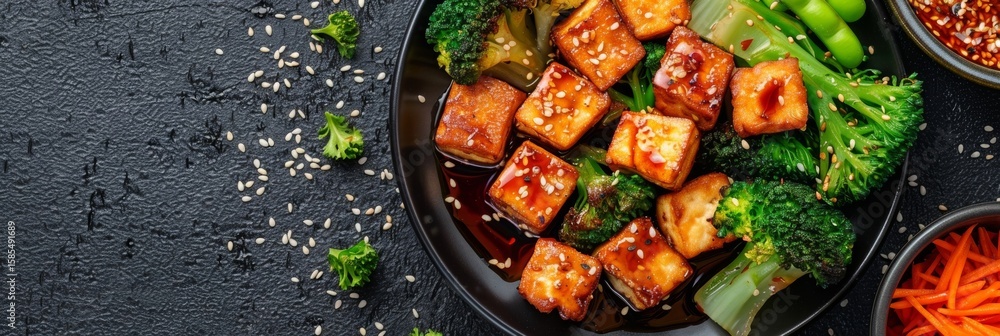 Poster a plate of crispy tofu served with a side of steamed vegetables highlighting the use of soy products