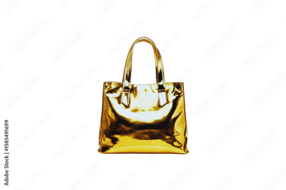 Poster glossy golden handbag with handles is centered against a transparent background reflecting light fro