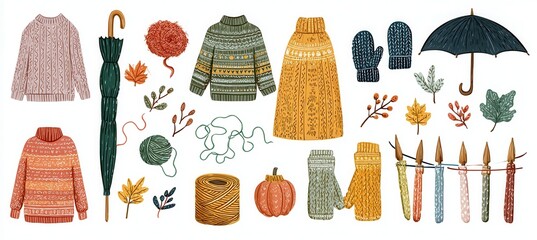 hand drawn cozy autumn clothes set. scarf, sweater, boots, beanie, gloves, umbrella