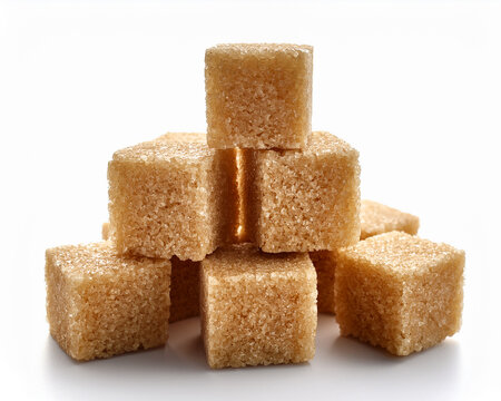 Isolated brown sugar cubes, a sweet food ingredient, are stacked in a close-up heap