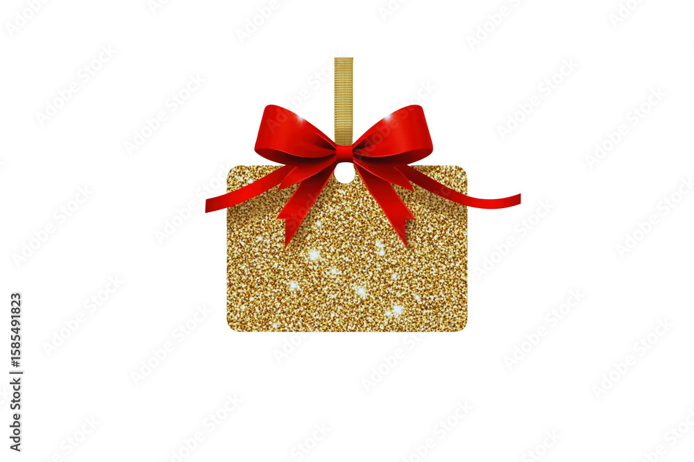 Aufkleber gold glitter tag with a red ribbon bow and gold string on a transparent background