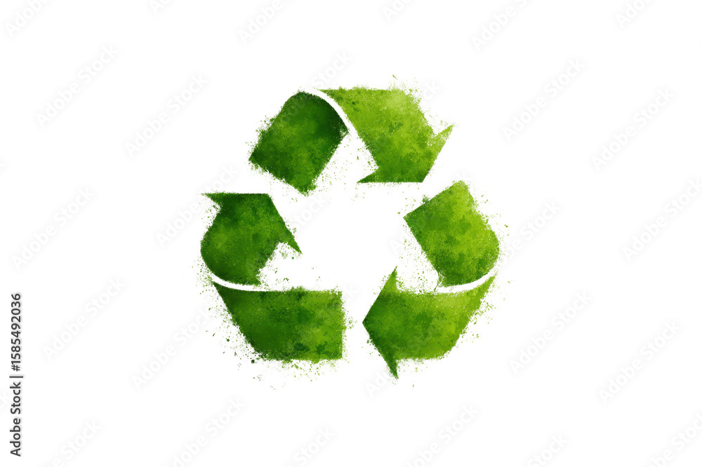 Aufkleber green recycle symbol on a transparent background showing a three arrow recycling process with a text