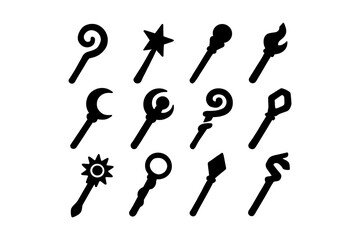 Naklejka premium Set of magic wand icons in black silhouette style for fantasy themes