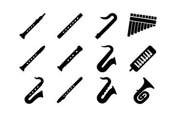 Naklejka premium Silhouette collection of musical instruments including woodwinds and brass