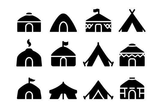 Silhouette set of traditional tents and yurts with minimalist design