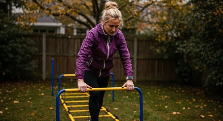Woman in purple jacket balancing on outdoor fitness equipment in autumn backyard setting with fallen leaves and wooden fence in the background