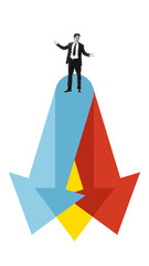 Creative illustration of confident manager standing atop merging colored arrows. Concept of...