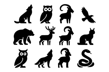 Wildlife silhouette icons: owls, wolves, bears, snakes, and more in black