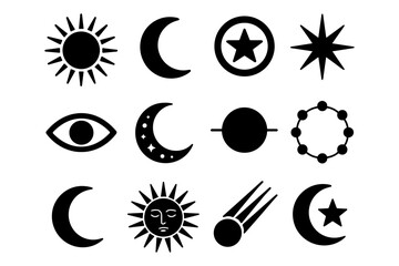 Celestial icons set: sun, moon, stars, and cosmic symbols in black silhouette style