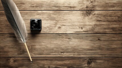 Vintage quill pen with light-colored feather and golden shaft on rustic wooden surface, paired with dark glossy inkwell, evoking classic writing and craftsmanship ambiance.