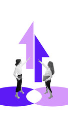 Conceptual artwork of two businesswomen pointing upward at merging arrows with determination....
