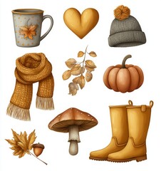 hand drawn cozy autumn clothes set. scarf, sweater, boots, beanie, gloves, umbrella
