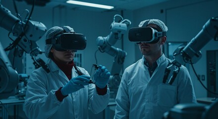 Scientists wearing virtual reality headsets in a high-tech laboratory surrounded by robotic arms, engaging in advanced research and development activities for innovative technological solutions