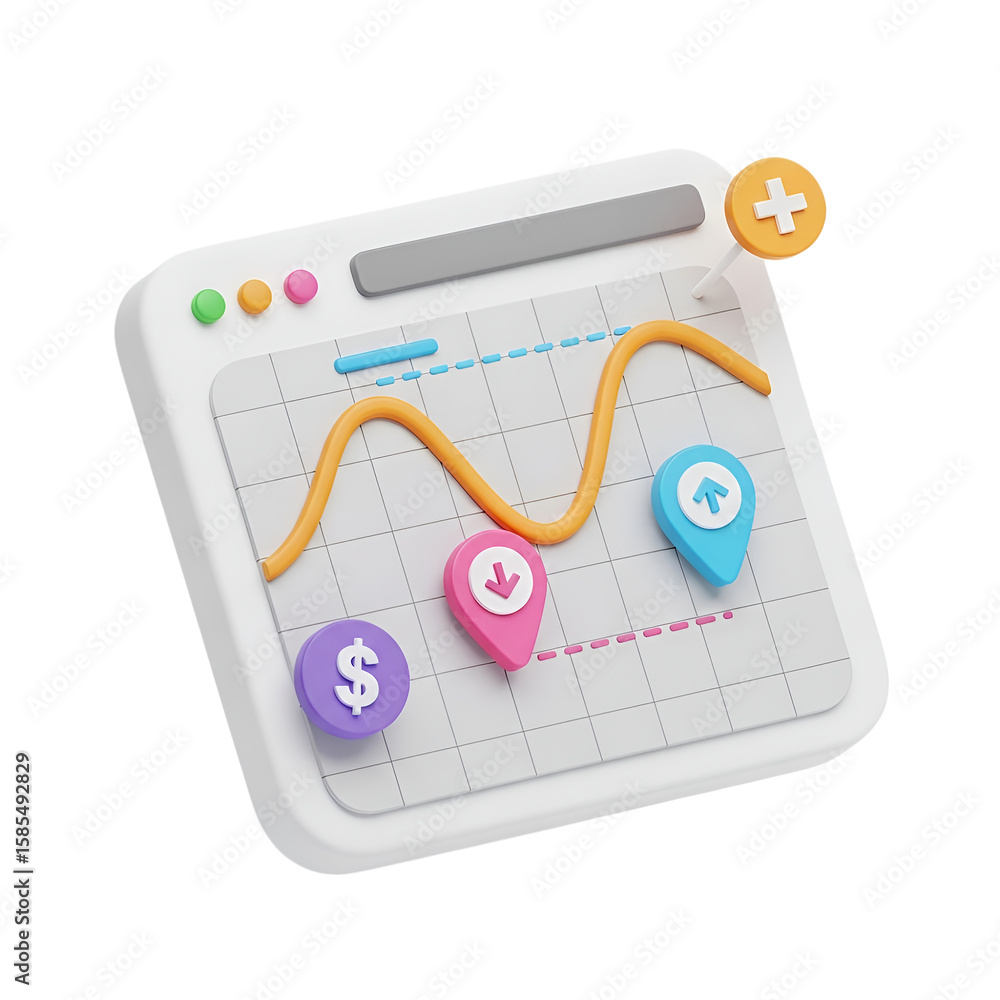 Poster 3d icon of a data chart with dollar sign and arrows is isolated on transparent background
