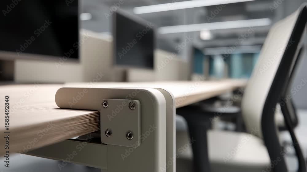 Poster close up of innovative modular desk system highlighting connection details and showcasing modern wor