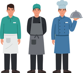 Three male chefs in professional kitchen uniforms holding tray and wearing aprons in vector style