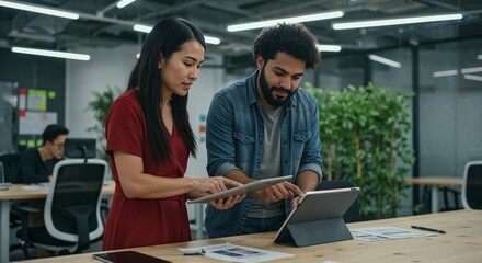 Two diverse professionals collaborating in a modern office space with digital tablets and documents, focusing on teamwork and technology in a creative work environment