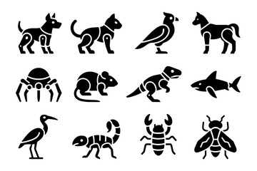 Fototapeta premium Robotic animal icons set featuring birds, insects, and mammals in black silhouette style