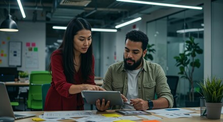 Young professionals collaborating in modern office environment with digital tablet and documents, discussing project ideas, surrounded by contemporary decor and natural lighting