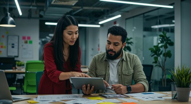 Young professionals collaborating in modern office environment with digital tablet and documents, discussing project ideas, surrounded by contemporary decor and natural lighting - Powered by Adobe