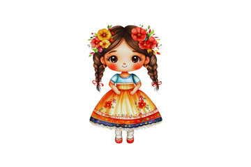 Cartoon Girl Illustration With Braids Floral Crown And Colorful Dress On A Transparent Background For Isolate