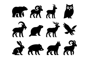 Obraz premium Silhouette wild animals collection: bear, owl, deer, ram, and more