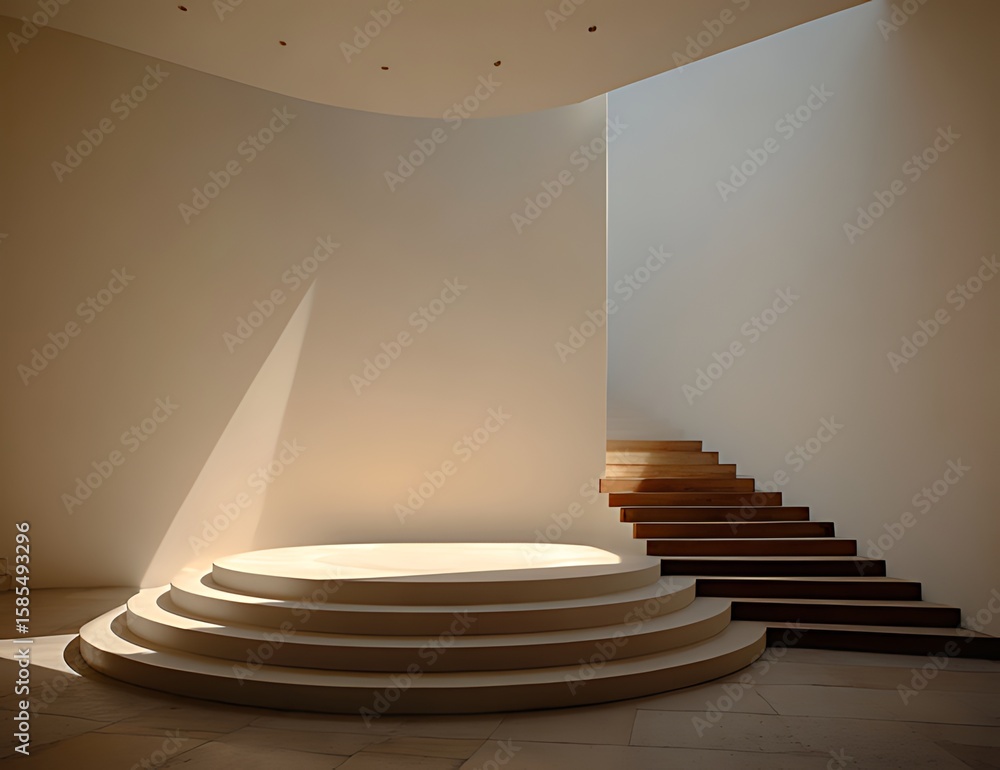 Fototapete Modern Spiral Staircase in a Minimalist White Architectural Space, A captivating image of a smooth, elegant spiral staircase ascending within a minimalist, white architectural setting.
