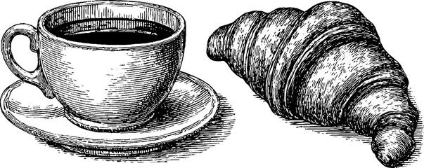 Engraved coffee cup and croissant illustration for breakfast design