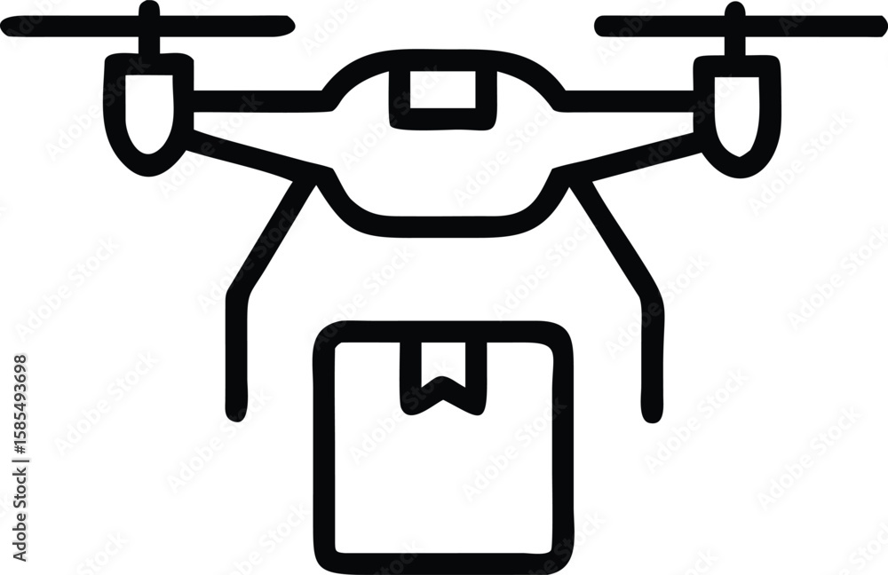 Poster drone delivery icon with package in simple outline style design