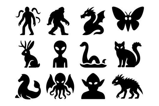 Silhouette icons of mythical creatures and cryptids for design projects