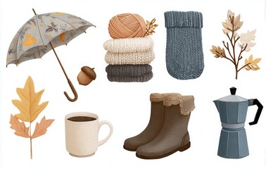 hand drawn cozy autumn clothes set. scarf, sweater, boots, beanie, gloves, umbrella