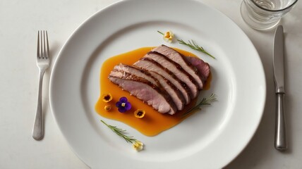 Sliced Pork Tenderloin on Plate with Sauce and Edible Flowers