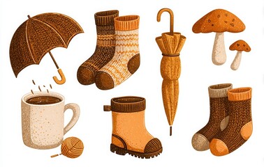 hand drawn cozy autumn clothes set. scarf, sweater, boots, beanie, gloves, umbrella