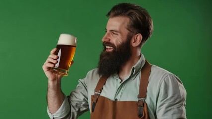 Craft beer enthusiast raises a glass with a smile in a brewery