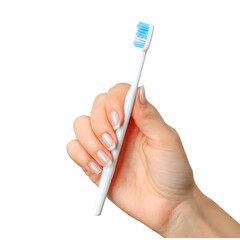 Hand holding a toothbrush isolated on a transparent background, in a PNG format