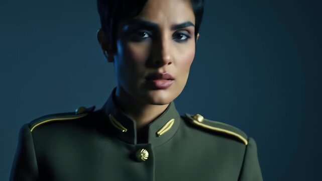 Cinematic portrait of a powerful and confident woman in a stylish green military uniform looking intently at the camera.