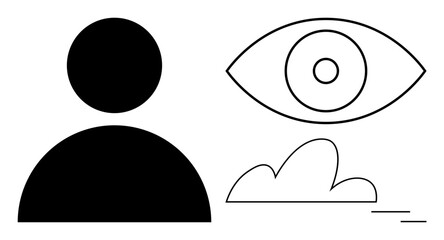 Black silhouette of a person alongside minimal eye, cloud, and line elements. Ideal for concepts thumbs up vision, observation, mindfulness, awareness, individuality creativity and simplicity. A