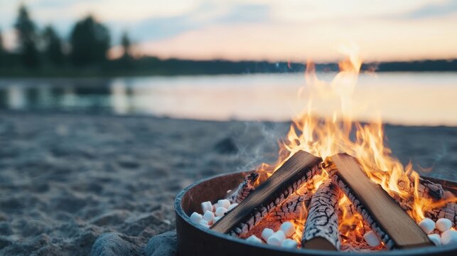 Tranquil summer evening scene with a glowing bonfire roasting marshmallows and a cozy rustic ambiance reflecting on the calm lake waters at dusk - Powered by Adobe