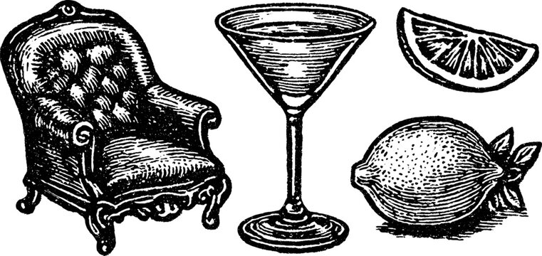 Vintage art deco cocktail lounge engravings with martini glass and citrus