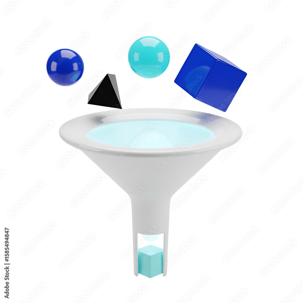 Poster 3d icon of a funnel filtering data, isolated on transparent background