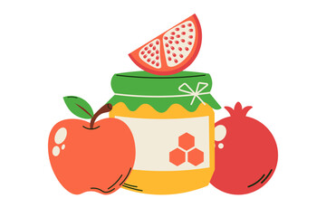 Happy Rosh Hashanah. Vector illustration. Banner with honey, apple and pomegranate
