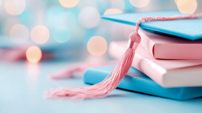 A soft pastel blue graduation cap and stacked pink books adorned with a vibrant pink tassel, embodying academic achievement and new beginnings, perfect for celebratory greeting cards or banners.
